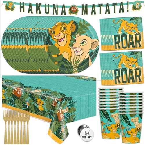 Lion King Birthday Party Supplies | Decorations | Serves 16 Guests | Lion Guard Banner Table Cover Plates Napkins Cups Button | Featuring Simba Nala Timon Pumbaa | Baby Shower or Gender Reveal