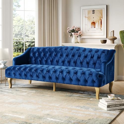 Image of Modern Wingback Tufted Velvet Loveseat, 73.25 inch 3 Seat Sofas Settee Bench Banquette Chesterfield Love Seat with High Back Thick Padded Cushioned Upholstered Couch for Living Room, Victorian Navy Blue