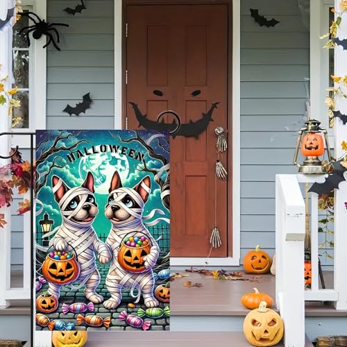Image of Blissyard Halloween Mummy Dog Garden Flag 12x18 Inch Double Sided Cute French Bulldog Trick-or-Treat Garden Flag Pumpkin Candy Ghost Dog Flag Banner Holiday Small Halloween Yard Flags