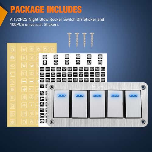 Image of Nilight 5 Gang Rocker Switch Panel 3 Pin On Off Pre-Wired Blue LED | Waterproof Aluminum Toggle Switches with DIY Stickers for 12V 24V Automotive Cars Marine Boats UTV Truck Jeeps