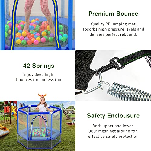 Merax 55" Mini Trampoline for Kids, 4.5FT Indoor Outdoor Toddler Trampoline with Safety Enclosure Net and Pit Balls Baby Small Trampoline Birthday Gifts for Girl and Boy Age 3 Months and up,Blue