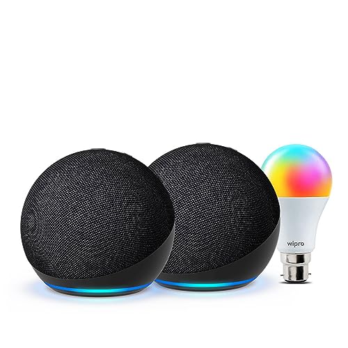 Image of Echo Dot (5th Gen, Black) gift twin pack with Wipro 9W LED Smart Color Bulb