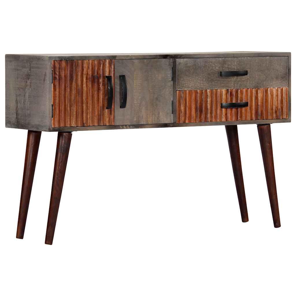 Stolik konsolowy szary, 120 x 35 x 75 cm, z litego drewna mango, z 2 drzwiami i 2 szufladami, stabilna półka do salonu, korytarza, balkonu, trwały mebel