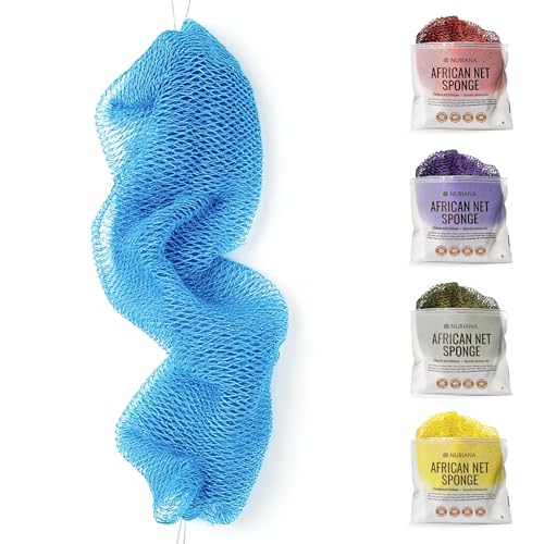 Nubiana African Net Sponge Authentic with Knots - 45 Inch Handwoven Nigerian Exfoliating Body sponges w/Rope Handles & Vibrant Colors, Rich Lather, Quick-Drying, Reusable Spa-Style (Sky Blue)