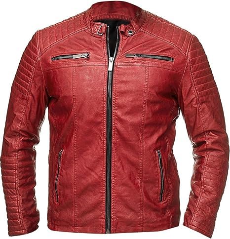 Image of Men's Leather Jacket Cafe Racer Biker Style Retro Stripes Jacket, Motorcycle Racing Leather Jacket Men