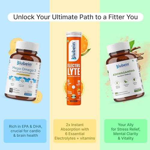 Image of Blubein Fitness Combo|Mega Omega 3 Fish oil Capsules 60N|Ashwagandha with 5% withanolides 60N | Electrolyte for Instant Energy 20N