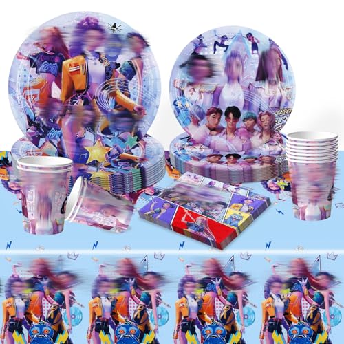 Lot de 51 vaisselle de fête Demon - Décoration d'anniversaire - Comprend une nappe, des assiettes, des tasses, des serviettes