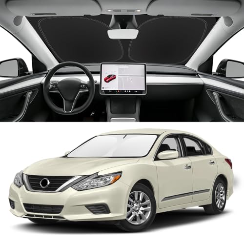 Image of Custom Fit Windshield Sun Shade for Nissan Altima 2007-2018 | Blocks UV Rays and Sun Heat, Helps Reduce Interior Temperature, Protects Dashboard from Fading, Folds Easily for Storage