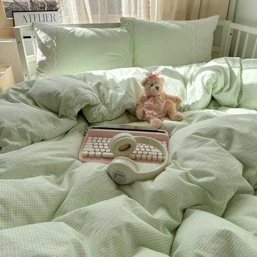 Image of VM VOUGEMARKET Green Gingham Grid Duvet Cover Queen 3 Pieces White Lace Duvet Cover with 2 Pillowcases Green Plaid Comforter Cover Romantic Cozy Bedding Set for Girls