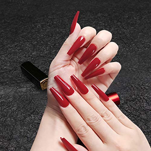 editTime Super Long Fake Nails Coffin Glossy or Matte Press on Ballerina Acrylic Extra Long False Nails Tips 20 pcs Full Cover (Glossy, red)