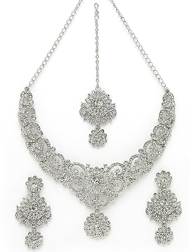 Sukkhi Magnetic Rhodium Plated Silver AD White Stone Collar Bone Necklace Set With Earring And Maangtika | Jewellery Set For Women (NS105694) - Image 6