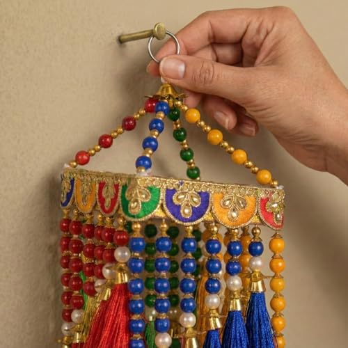 Image of Handmade Traditional Colorful Moti Jhumar Wall & Door Hanging - Artisanal Beaded Toran with Center Latkan Design, Bandarwal for Home Entrance, Festive Decoration, Pooja Room (Pack of 1)