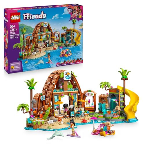 LEGO Friends Hotel de férias em família na praia - brinquedo com 6 mini bonecas, figuras de animais (tartaruga e golfinho), gelataria e acessórios - presente para meninas de 8 anos 42673