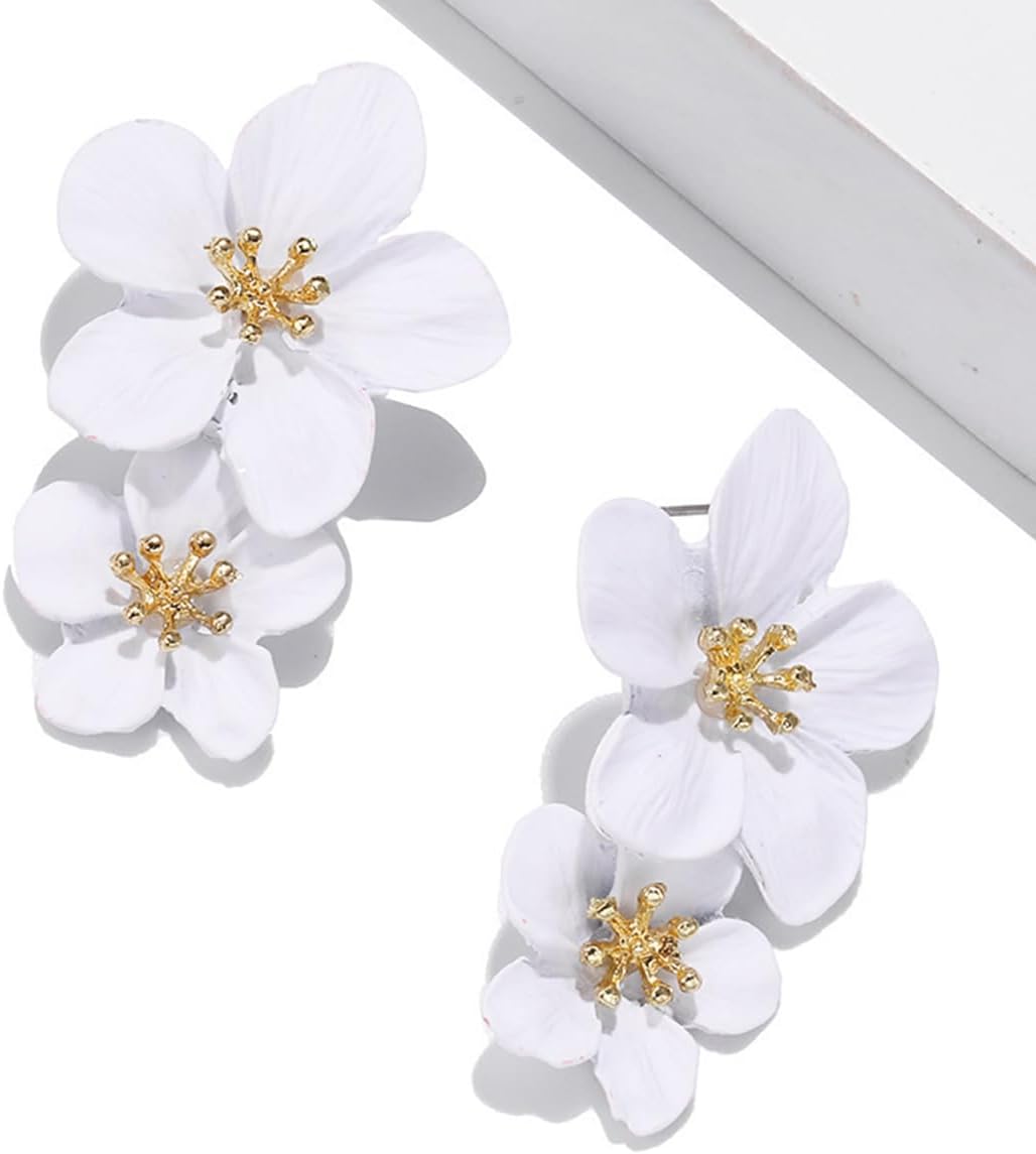 FUTIMELY Large Flower Drop Dangle Earrings for Women,Bohemian Chic Double Floral Layered Petal Statement Metal Long Personalized Fashion Earring for Women - Image 6