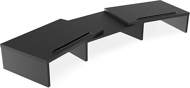 FITUEYES Dual Monitor Stand with 2 Extra Phone Holder, Wood PC Laptop Computer Screen Riser, 3 Shelf Swivel Length Adjustable, Home Office Supplies Desk Organzier, Max Load 25kg, Black