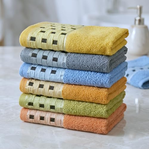 Image of Hand Towel Set of 6 (35x50 cm, 450 GSM) - Soft Cotton, Absorbent, Quick Dry - Bathroom, Wash Basin, Kitchen, Travel & Gym Face & Hand Towel for Men & Women-Multicolor