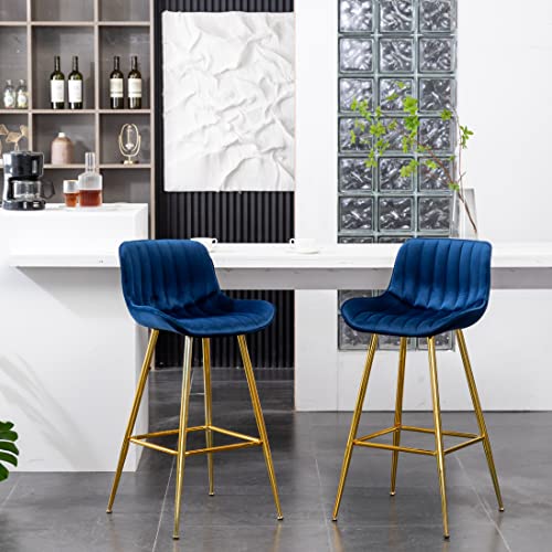 Image of Sidanli Velvet Blue Bar Stools, 29 Inch Upholstered Island Stools with Footrests, Gold Bar Chairs for Home, Kitchen Island, Dining Room