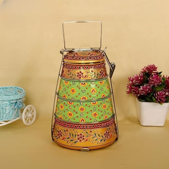 Image of iHandikart Handpainted Decorative Lunch Box Tiffin | Multiple Tier Stainless Steel Food Box | Designer Indian Print Tiffin for School | Diwali Gift, Navratri Gift (Color - Multicolor)