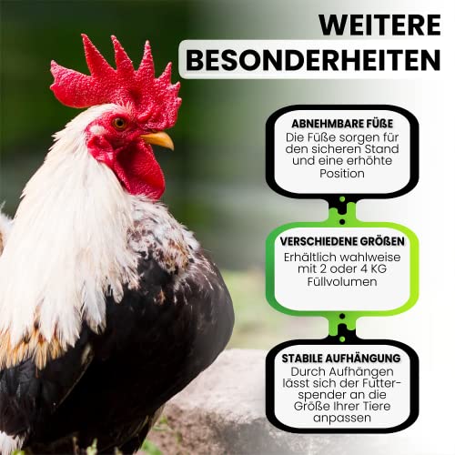 Futterautomat mit Füßen mit 2, 4, 8, 12 und 16 kg grün I Hühner, Geflügel Futterspender I Automatischer Spender für Hühnerfutter I Futterstation aufhängbar I Wasserdichter Automat (2 kg)
