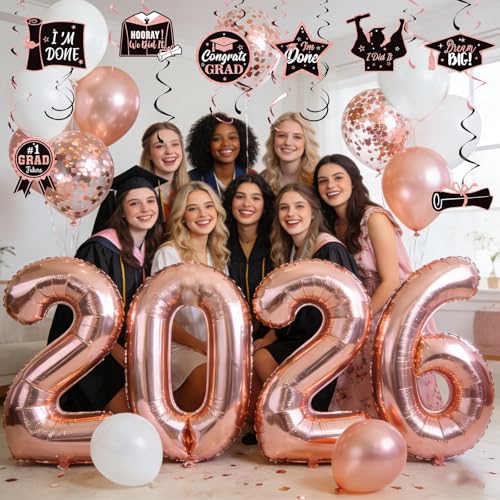 Image of JOJO FLY Rose Gold Graduation Decorations 2026, Congrats Grad Hanging Swirl Supplies, Rose Gold 2026 Balloons, Graduation Balloons, Class of 2026