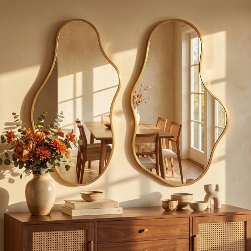 Image of Dorlicecass Irregular Wall Mirror - Wall Mirrors Decorative 24 inchx 40 inch Asymmetrical Abstract Mirror Aviation Aluminum Alloy Frame Unique for Bathroom, Bedroom, Living Room, Cloakroom, Entryway Gold