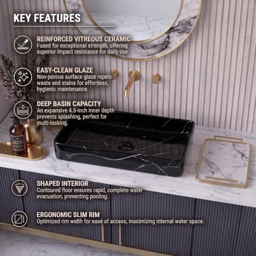 Image of Wash Basin Countertop | Tabletop Ceramic Bathroom Sink | Wash Basin Over Counter | (24 x 14 x 5 Inch) (Black White Stripe)