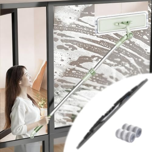 EXCLURA Rasqueta Limpiacristales Herramienta de Limpieza con Escobilla de Goma Curva Giratoria de 360°, Equipo de Limpieza de Ventanas con Poste de 88-33 cm, Kit de Lavado de Vidrio
