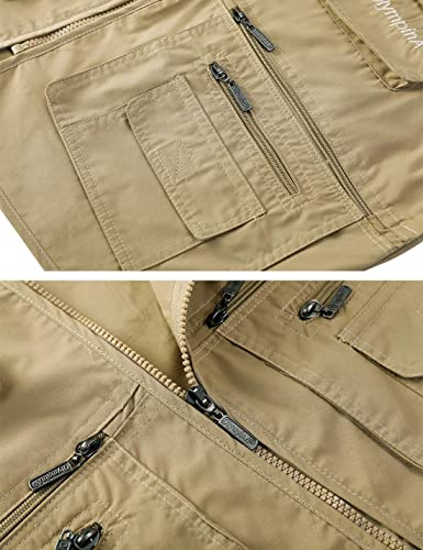 Gihuo Men's Summer Cotton Leisure Outdoor Pockets Fish Photo Journalist Vest Plus Size (Large, Khaki) #TOP4