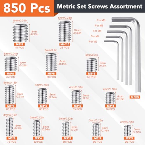 Hapric G2612K-11-N 1400 Pcs 26 Size Set Screw Kit Metric&Sae Set Screw Assortment Kit 304 Stainless Steel Head Socket Hex Metric Set Screws Kit Cup-Point Screws thumb #1