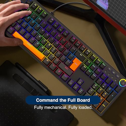 Image of FINGERS Macho-MK1 Wired Mechanical Gaming Keyboard, Black + Orange | Full-Size 104 Keys, Linear Switches, 17 RGB Modes, Multi-Function Knob, 26 Anti-Ghosting Keys