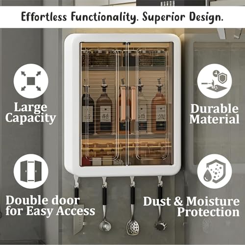 Image of Bathroom Organiser Without Drill Plastic Wall Mounted Storage Cabinet for Kitchen and Bathroom Organizer with Magic Stickers Adjustable Shelves & Door| Organiser for, Essentials, Makeup(1pc)