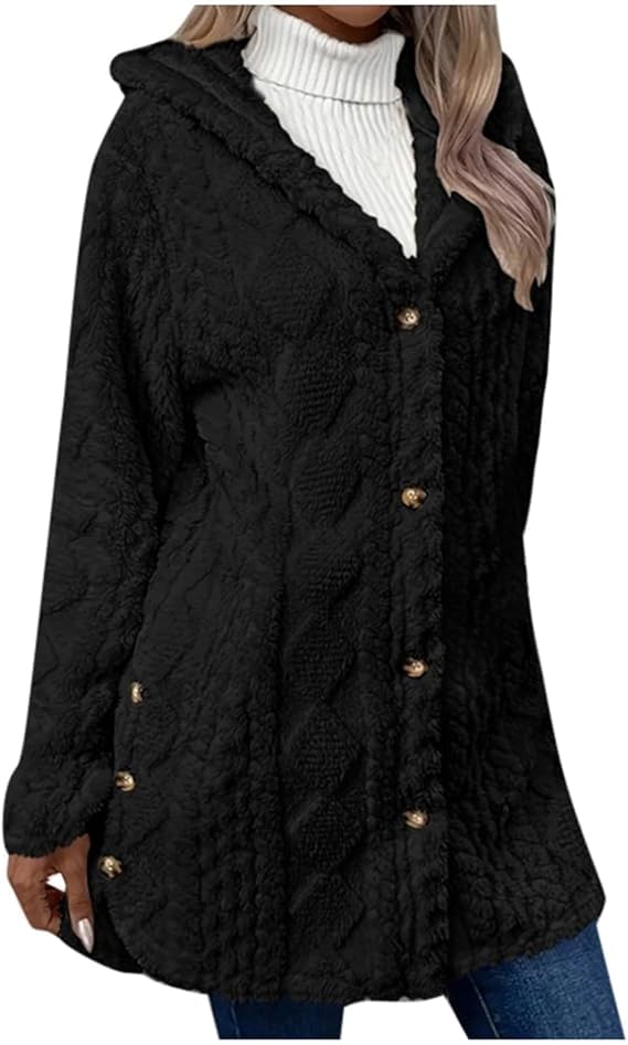 Womens Long Cardigan Knit Button Sweaters Heavyweight Fleece Coat Hooded Open Front Mid Length Warm Casual Jacket