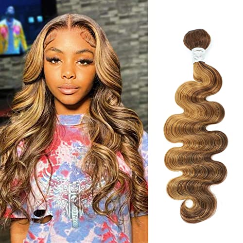 AUROO Honey Blonde Highlight Human Hair Bundles Brazilian Body Wave Single Bundles Human Hair 20inch, 100% Virgin Hair Bundles Ombre Wavy 4/27 For Women Colored Human Hair Sew In Weave 10A Remy Bundle