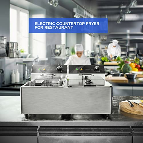 Topkitch Commercial Deep Fryer Stainless Steel Dual Tank Electric Deep Fryer With 2 Baskets Capacity 2 X 10L Electric Countertop Fryer For Restaurant And Home Use, 120V 3600W #TOP2