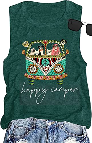 Dog and Girl's Trip Summer Vacation Tank Tops Casual Camping Workout Outdoor Sleeveless Happy Camper Hiker Shirts (Green M)