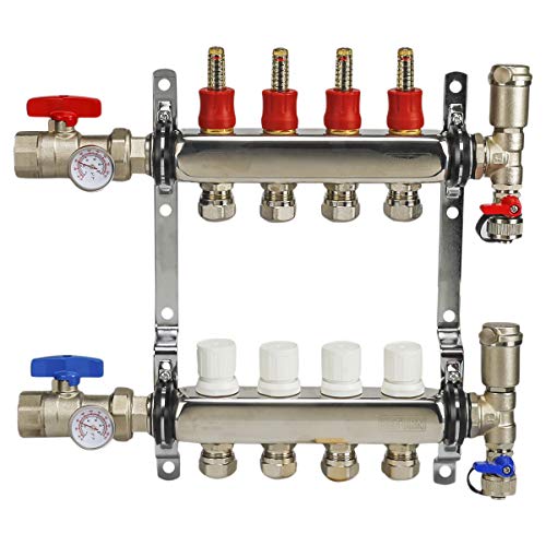 Image of Midline Valve NQT104 PEX Manifold 1 /2 in. for Radiant Heating System; with Valves, Vents, Gauges, and Mounting Brackets; Stainless Steel; 4 Port