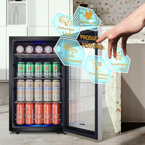 Image of Mini Beverage Refrigerator Freestanding, 2.5 Cu.ft Mini Fridge w / 101 Can Capacity, Small Drink Fridge for Home & Office, Glass Door