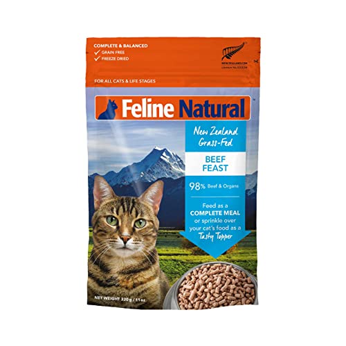 Feline Natural Grain-Free Freeze Dried Cat Food - Beef Feast, 11 Ounce - High Protein Cat Food from New Zealand, Natural Ingredients, Supports Digestive Health & Energy