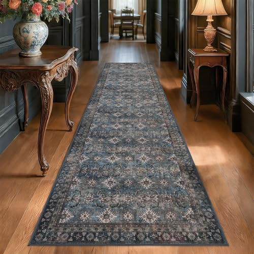 Runner Rugs for Hallway: 2x10 Vintage Dark Blue Washable Long Carpet for Kitchen Laundry Entryway Bathroom Bedroom Living Room - Non-Slip Navy Oriental Boho