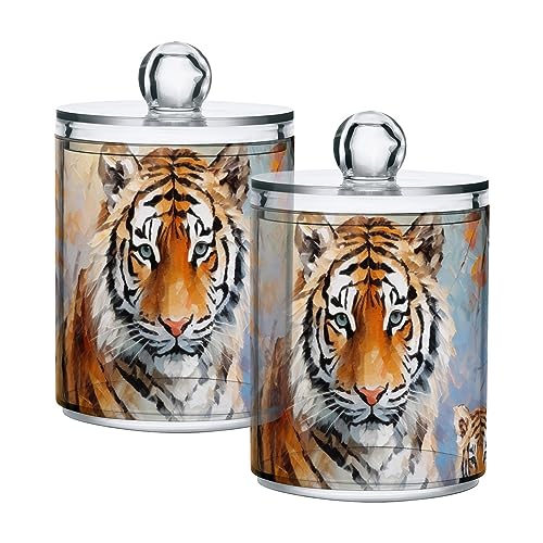 Vnurnrn Qtip Cotton Ball Holder Dispenser with Lid Painting Tigers Family Print, Plastic Jars Bathroom Canisters Storage Organizer 2 Pack