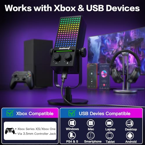 Image of ZealSound USB Gaming Microphone for Xbox PC Mac iPhone & Android, Noise Reduction Mic with One-Tap Mute, Gain Control, Zero-Latency Monitoring & RGB Lighting, for YouTube TikTok Podcasting & Streaming
