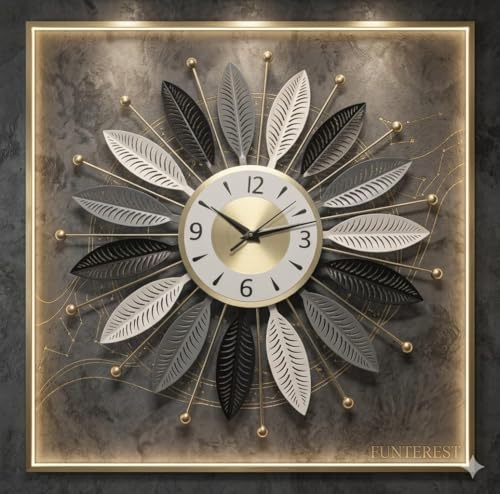 Image of FUNTEREST Luxury Metal Wall Clock for Living Room | Decorative Sunburst Leaf Design Wall Clock | Silent Quartz Movement | Modern Home & Office Decor (55X55 Cm) (Gold, Grey & Brown)