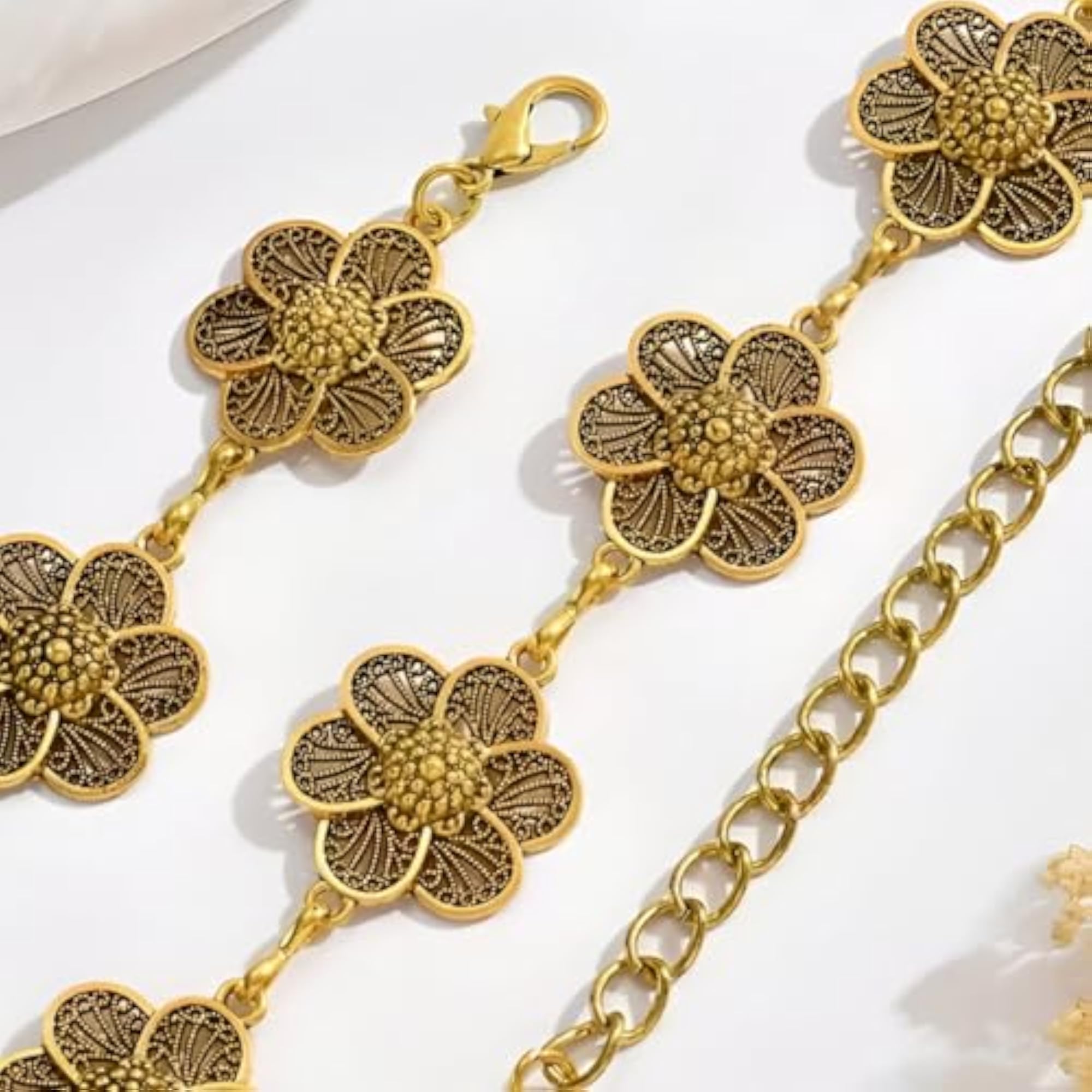 Women's Antique Floral Pattern Adjustable Waist Chain, Gold