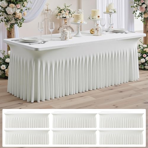 Image of 6 pk Ivory Spandex Tablecloth for 8 Foot Rectangle Tables,Wrinkle Free High Stretchy Cream Fitted Tablecloths with Ruffle Skirt, Elastic Spandex Table Covers 8 ft for Parties Weddings Banquet