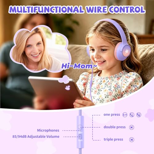 Image of USB C Headphones Wired for Kids, 85 /94dB Volume Limit With Mic, Purple | Kid Headphones for School, Wired Over Ear USBC Plug in Corded Headphones for Boys Girl Toddler, iPad, Tablet, Airplane Travel