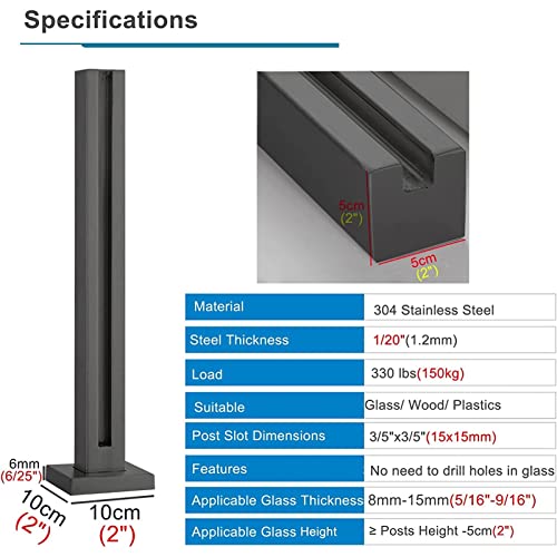 Glasgeländersystem, runder Pfosten, strapazierfähiger Glaspfosten aus Edelstahl 304, schwarz für 3/8" oder 1/2" Glas, Deck/Balkon/Terrasse/Garten, winddichter Zaunverbinder, Treppengeländerp – Bild 3