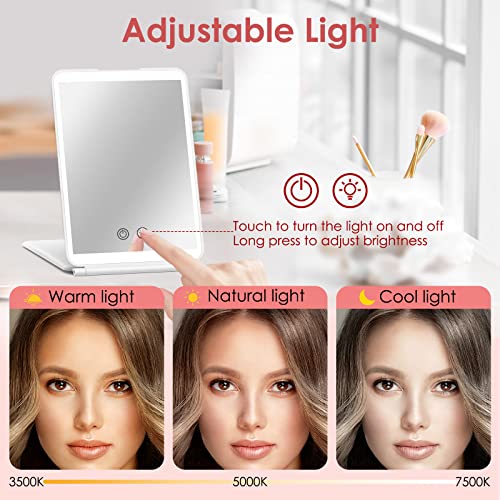Tokso Travel Lighted Makeup Mirror With 3X Magnifying Vanity Mirror, 72 Led 3 Color Lights, Dimmable Touch Screen, Rechargeable Portable Tabletop Compact Foldable Travel Mirror, Xmas Gift For Women #TOP2