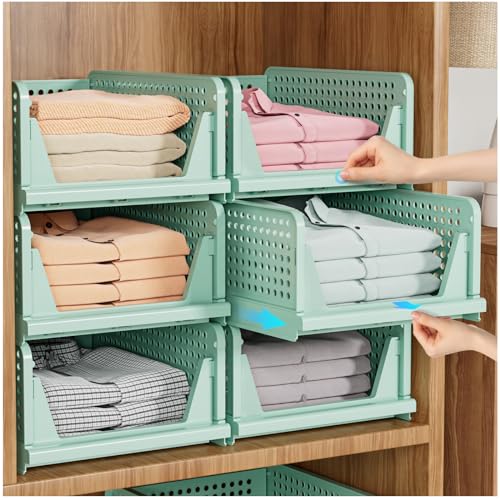 SNSLXH 5 Pack Stackable Closet Organizer Box, Multifunctional & Foldable Closet Storage Basket for Bathroom Kitchen Laundry Room Wardrobe Storage, Space-Saving Clothes Storage Drawer Organizer, Green