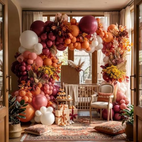 Image of Orange Red Balloon Garland Double Stuffed Burgundy White Balloon Arch Kit | Dusty Pink Orange Balloons for Fall Autumn Birthday Pumpkin Wedding Baby Shower Bridal Shower Backdrop Party Decorations