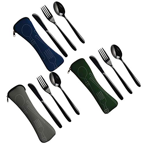 Ucake Funda Cubiertos para Llevar Picnic Camping con 3 Bolsas, Acero Inoxidable, 9 Piezas para 3 Personas